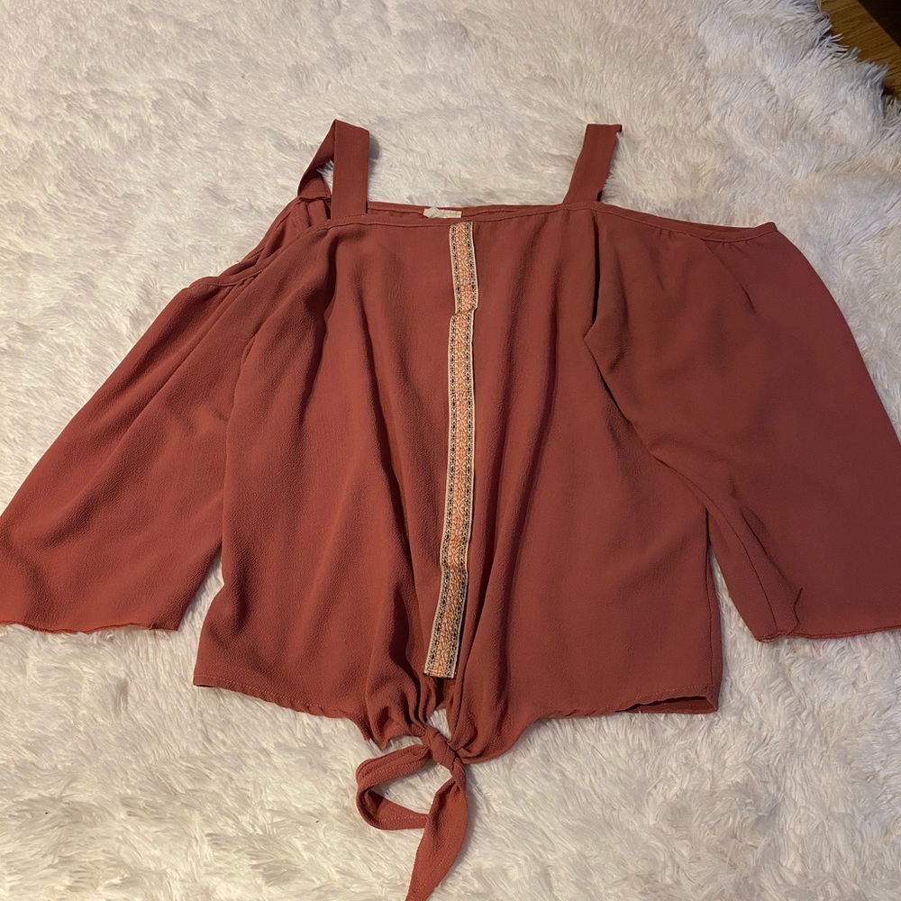 Rustic rose gold off the shoulder flare shirt